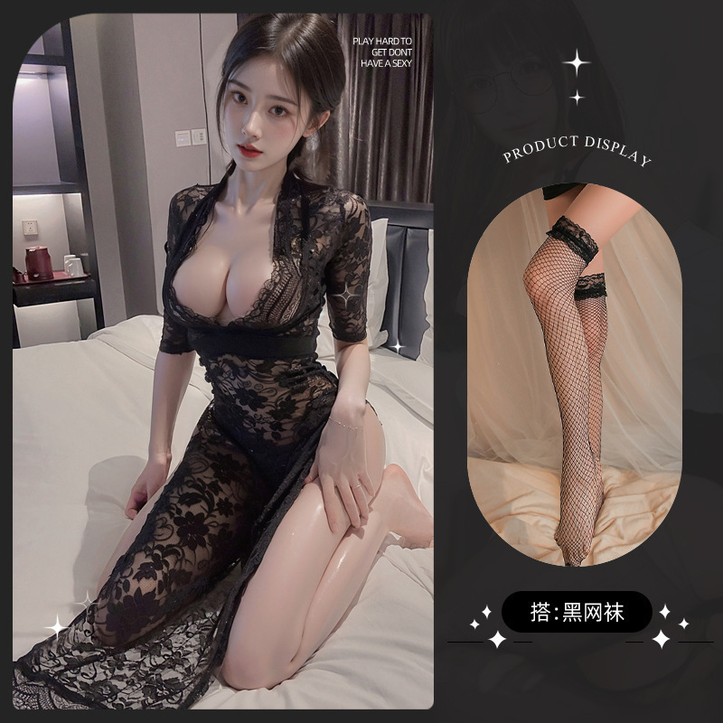 情趣旗袍高开叉蕾丝透视长裙