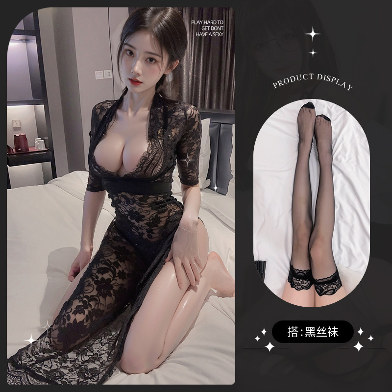 情趣旗袍高开叉蕾丝透视长裙