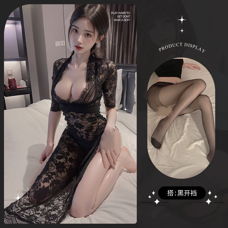 情趣旗袍高开叉蕾丝透视长裙